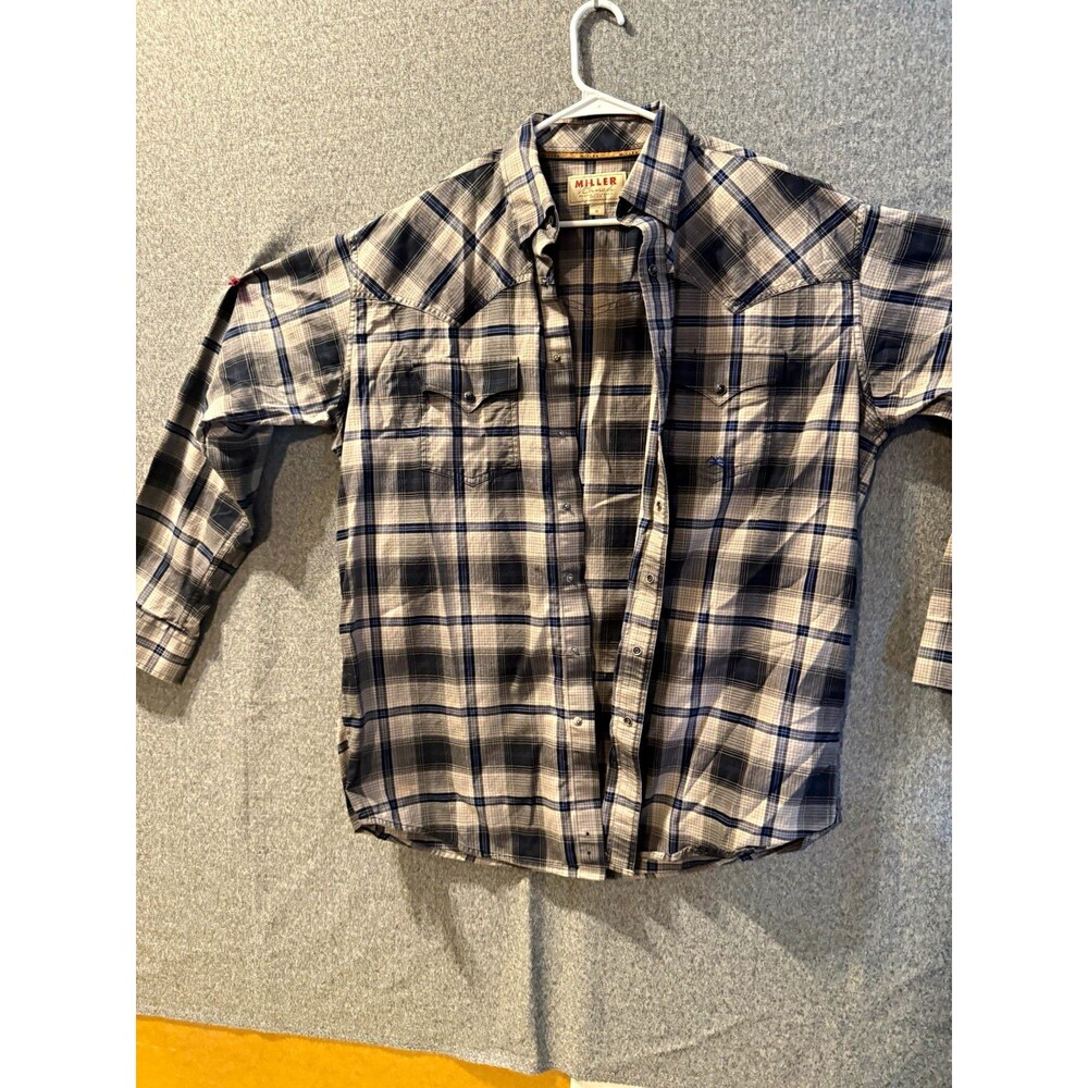 Miller Ranch Blue Tan Plaid Long Sleeve Western Pearl Snap Shirt